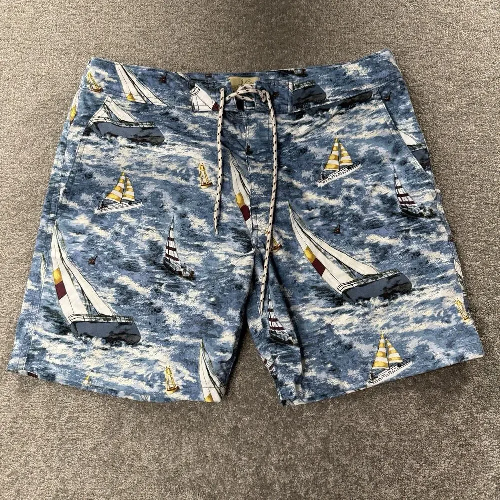 J‎ Crew Swim Trunks 32 Sailing Boat Print Blue Nautical Beach Surf Board Shorts